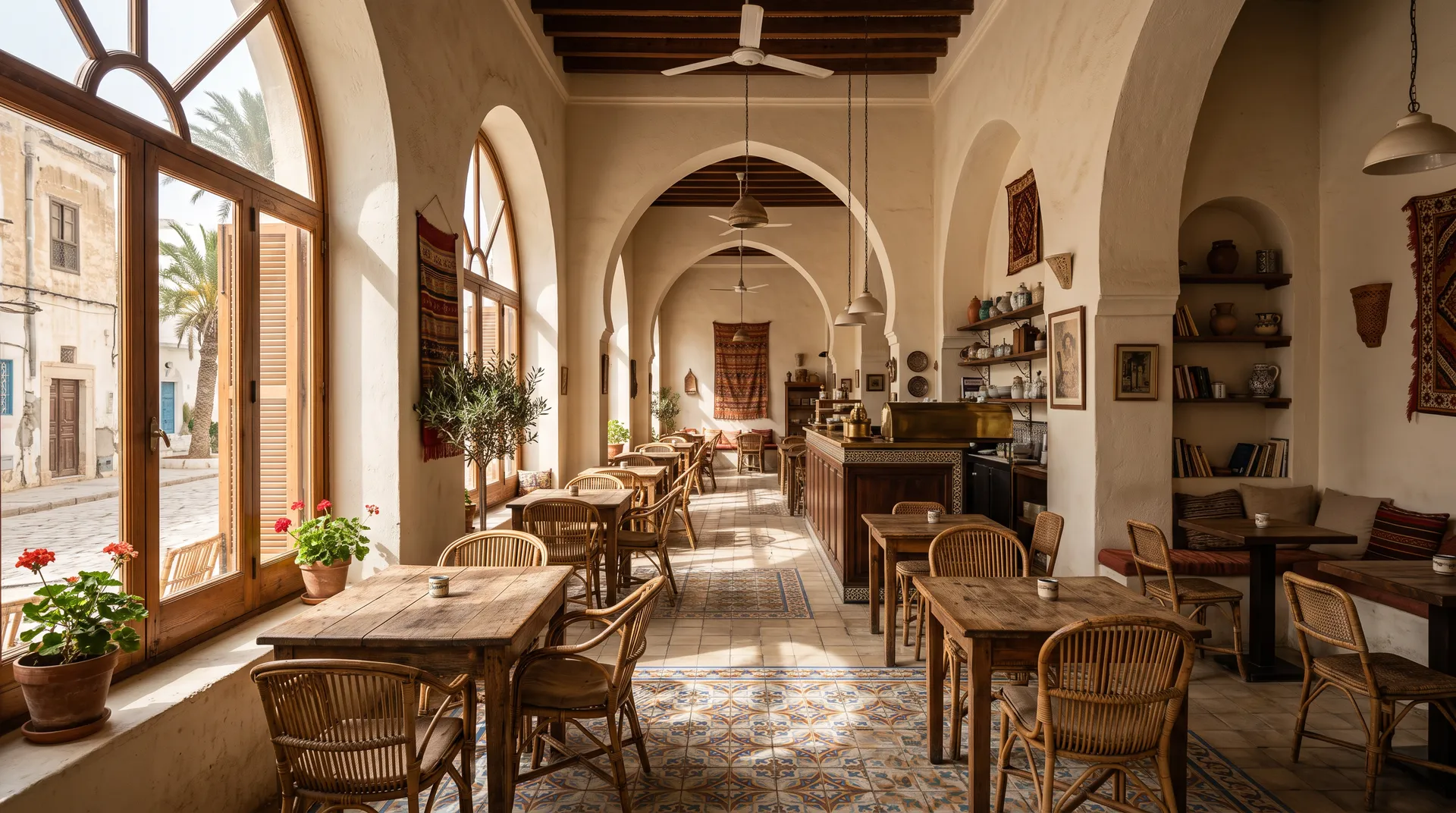 Sunlit interior of a Mediterranean cafe