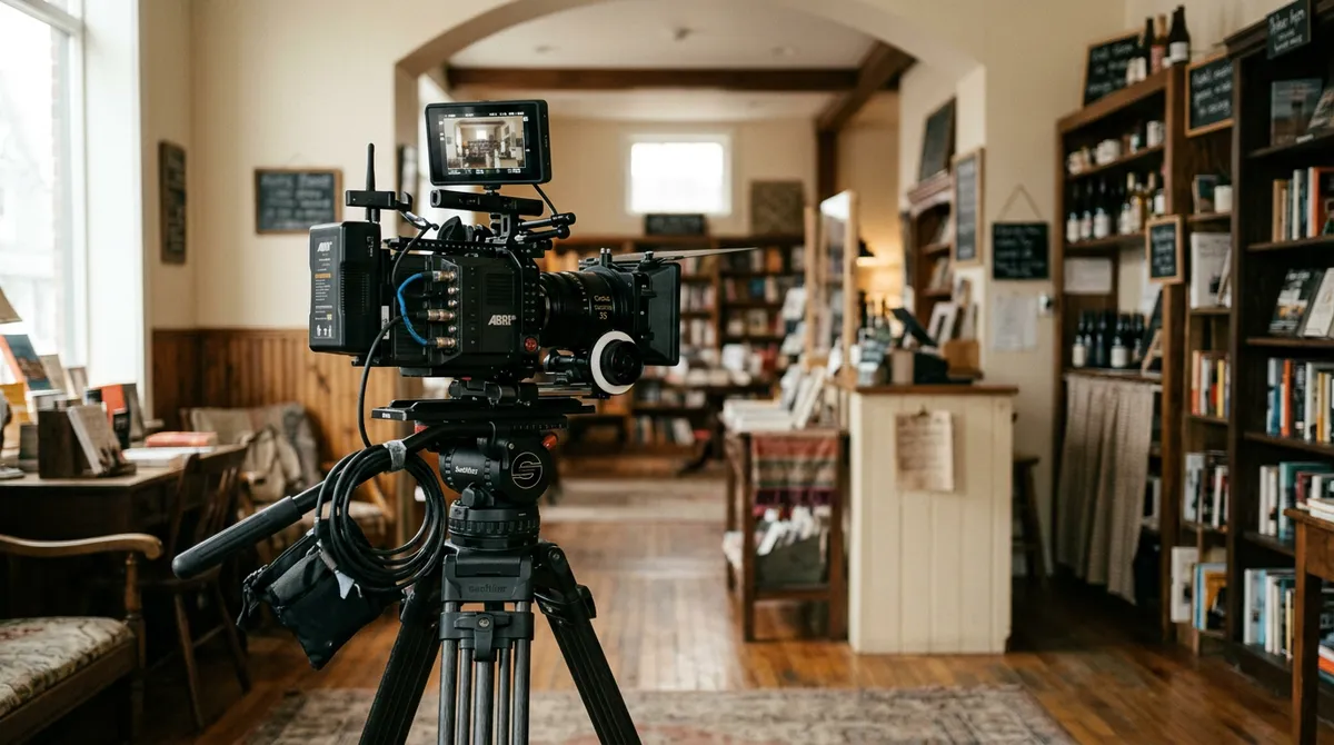 A cinema camera on a tripod set up inside a shop interior