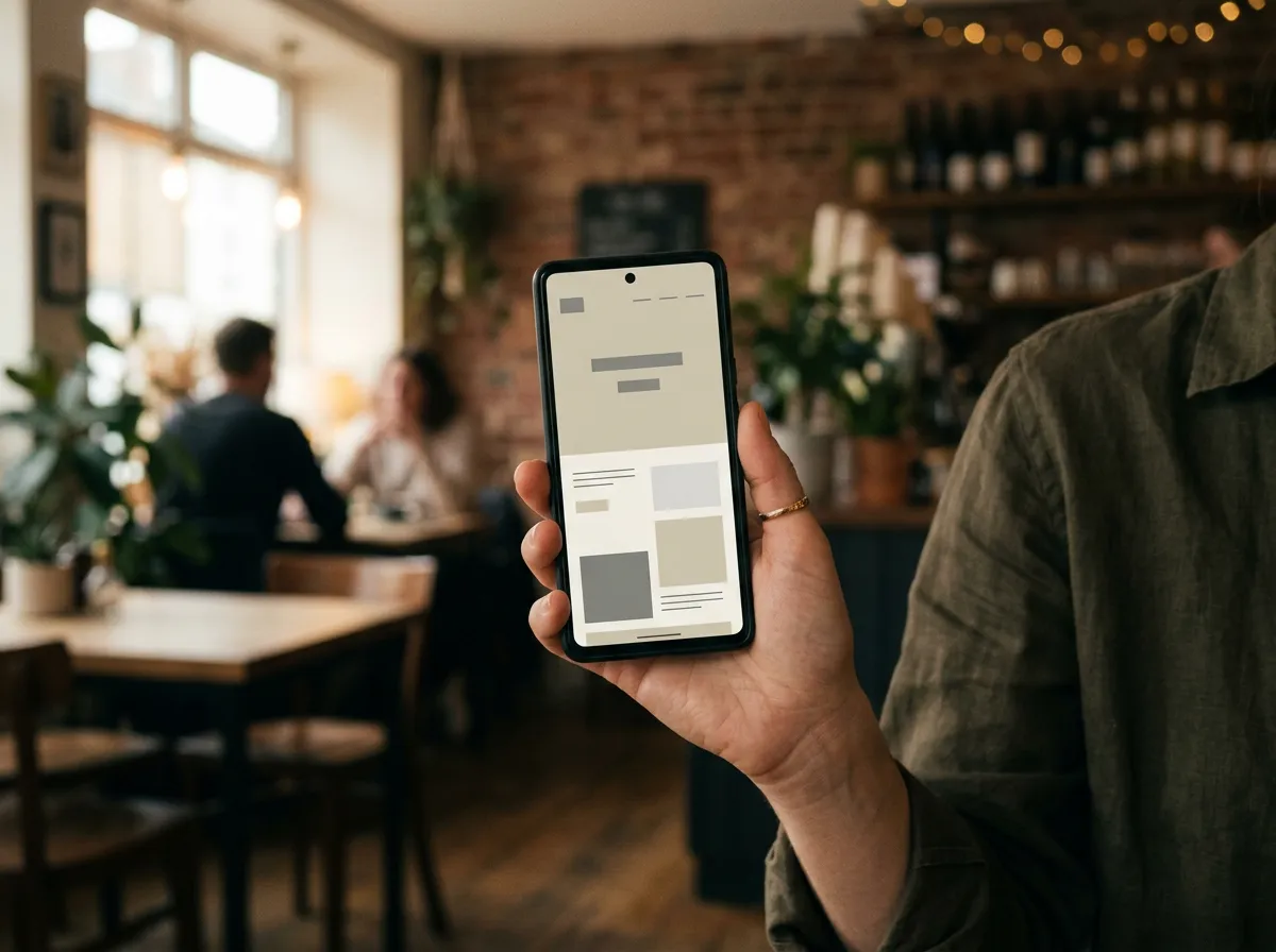 A phone showing a website inside a cafe