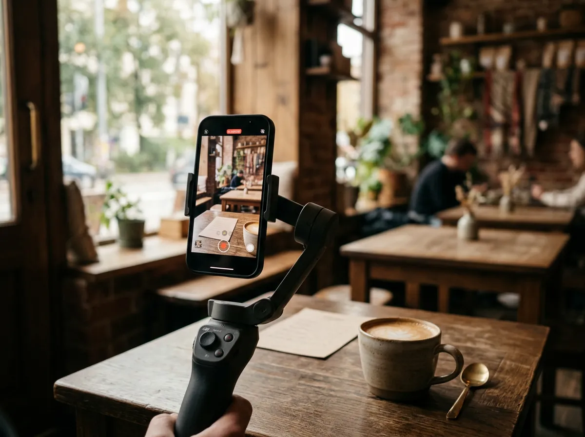 A smartphone on a gimbal filming vertically inside a cafe