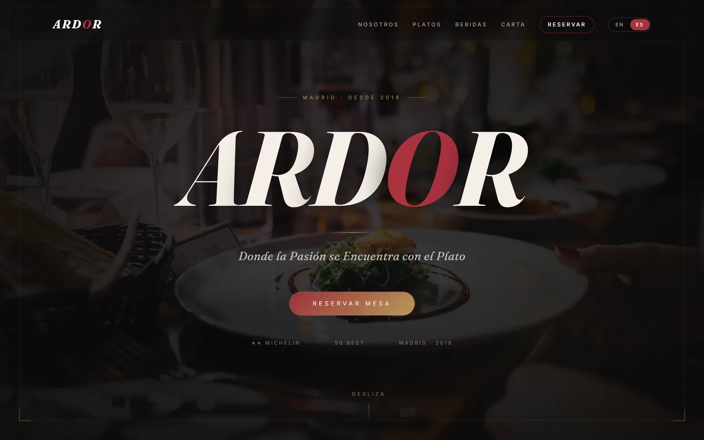 The Ardor restaurant website homepage, dark with a large serif wordmark