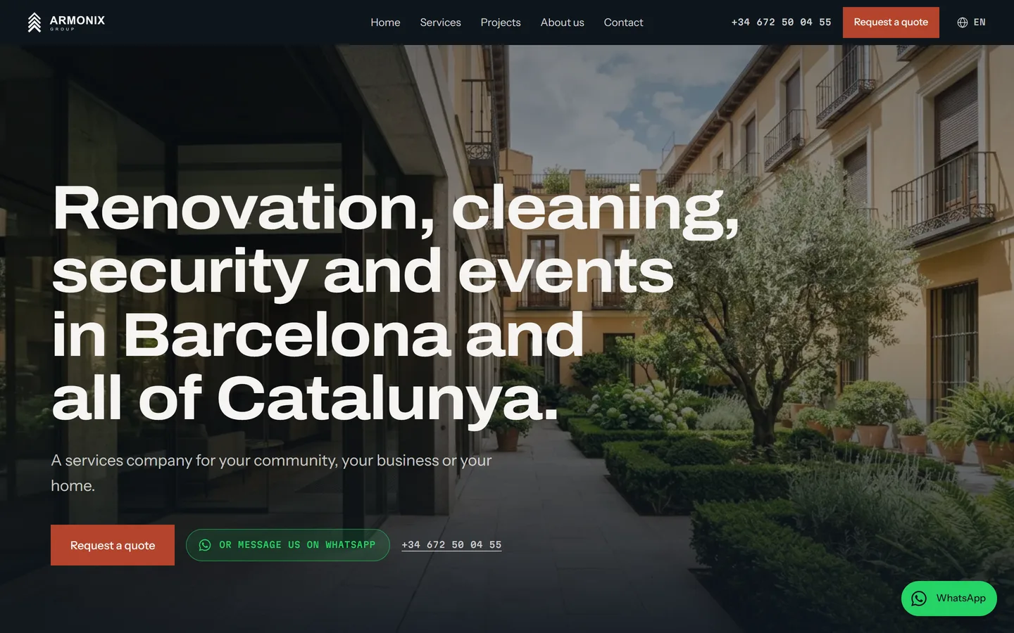 The Armonix Group website homepage showing a headline over a courtyard photo