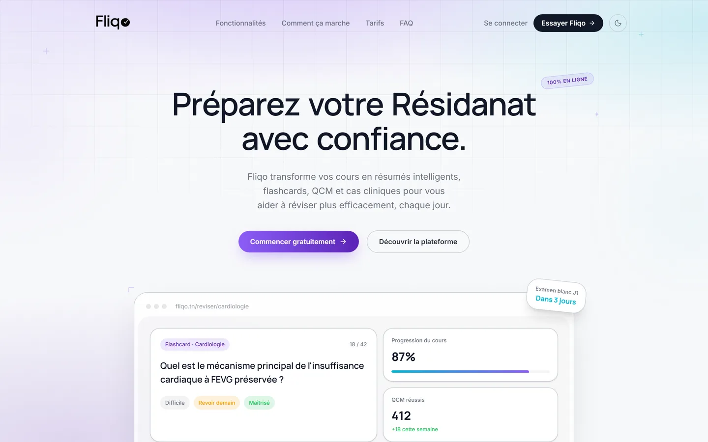 The Fliqo homepage showing a revision dashboard with flashcards and progress