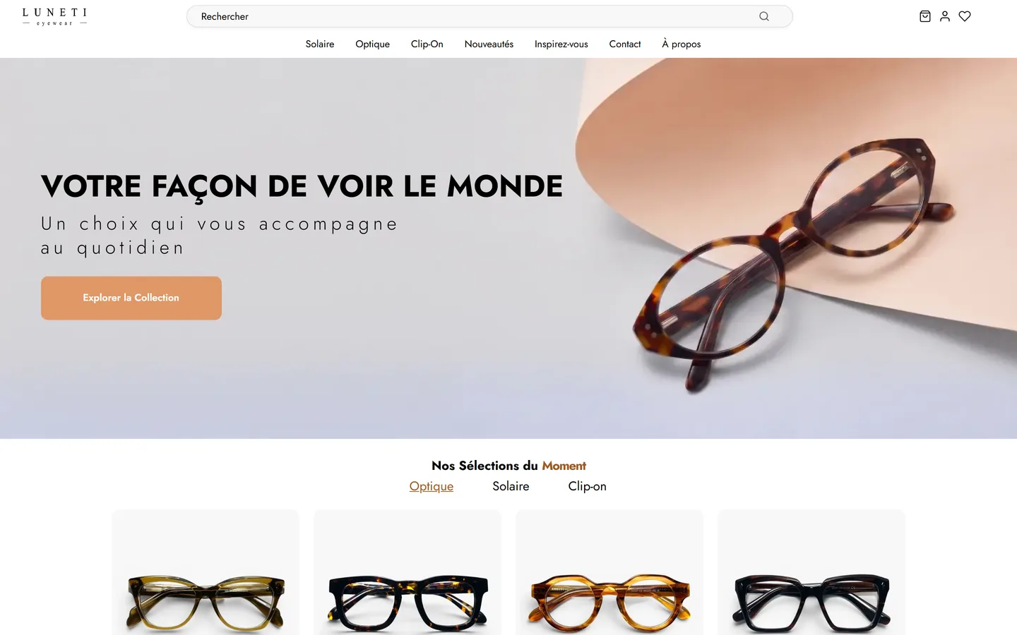 The Luneti eyewear store homepage showing a pair of tortoiseshell glasses
